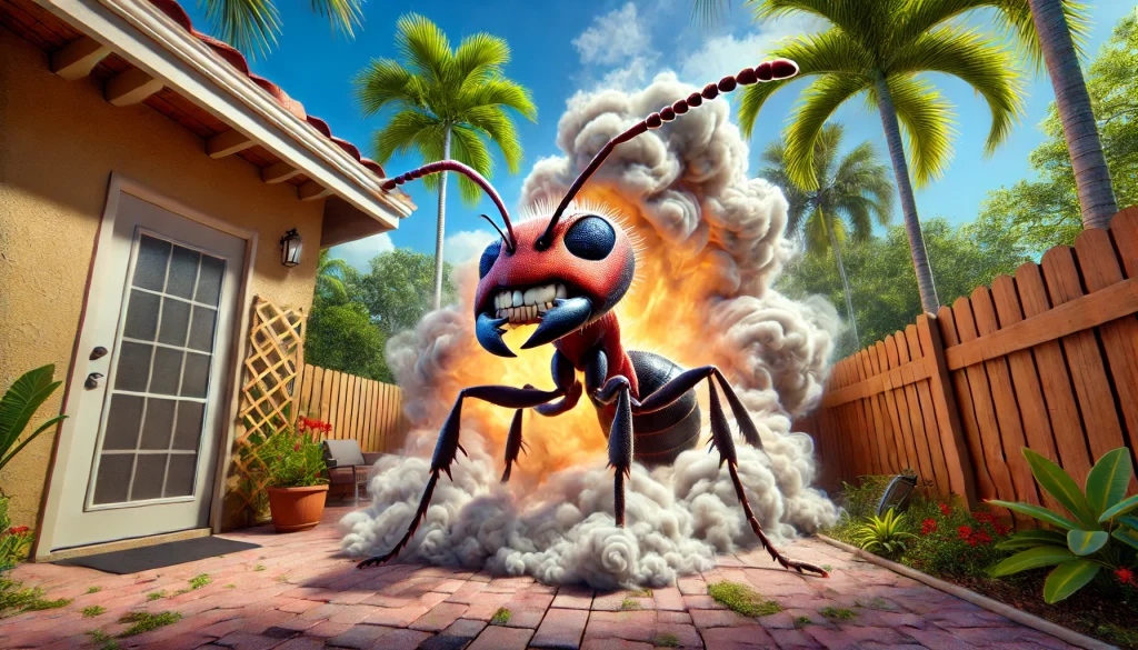 cartoon fire ant in yard of a New Smyrna Beach home