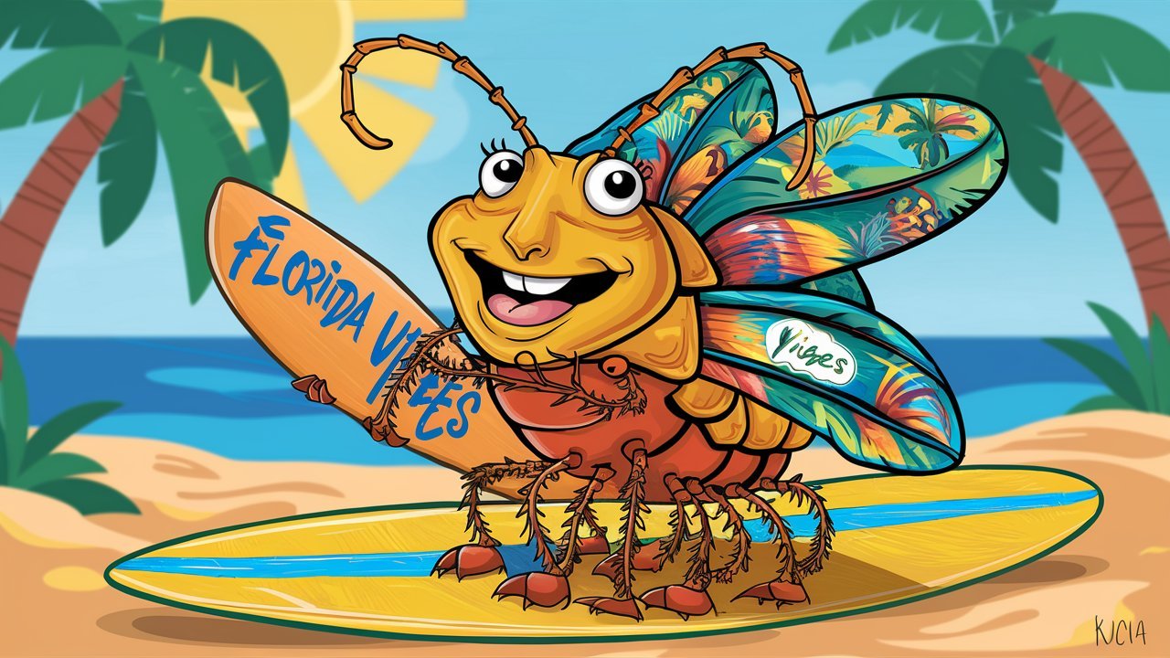 cartoon of a bug in New Smyrna Beach on a surf board