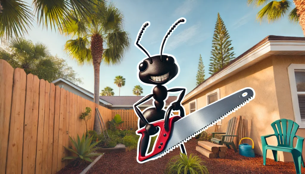 cartoon of a carpenter ant in the backyard of a New Smyrna Beach home