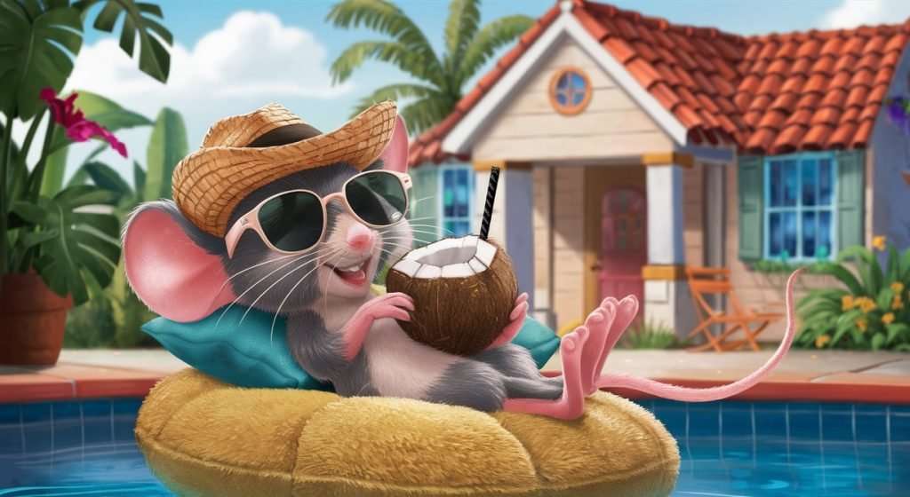 cartoon of a mouse relaxing in the pool of a New Smyrna Beach home