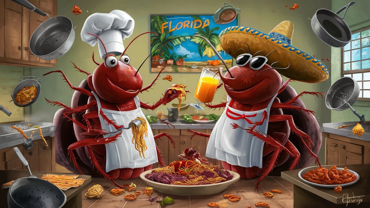 cartoon of two cockroaches having a feast in a New Smyrna Beach kitchen