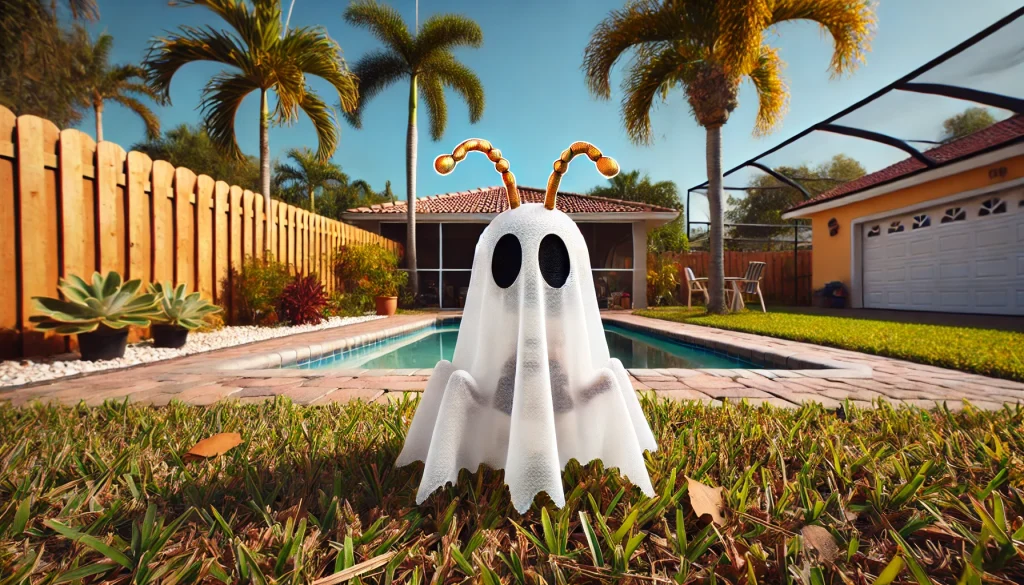 ghost ant cartoon in backyard of New Smyrna Beach home