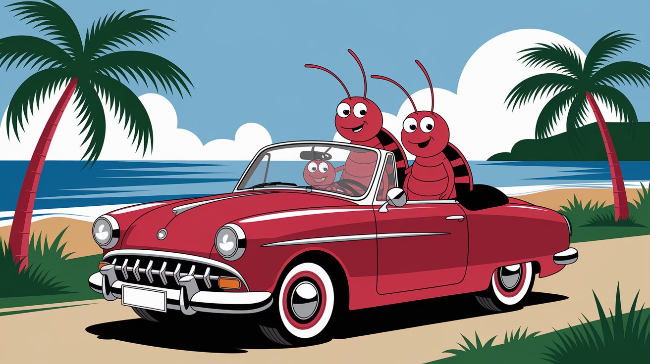 cartoon of bed bugs travelling to New Smyrna Beach